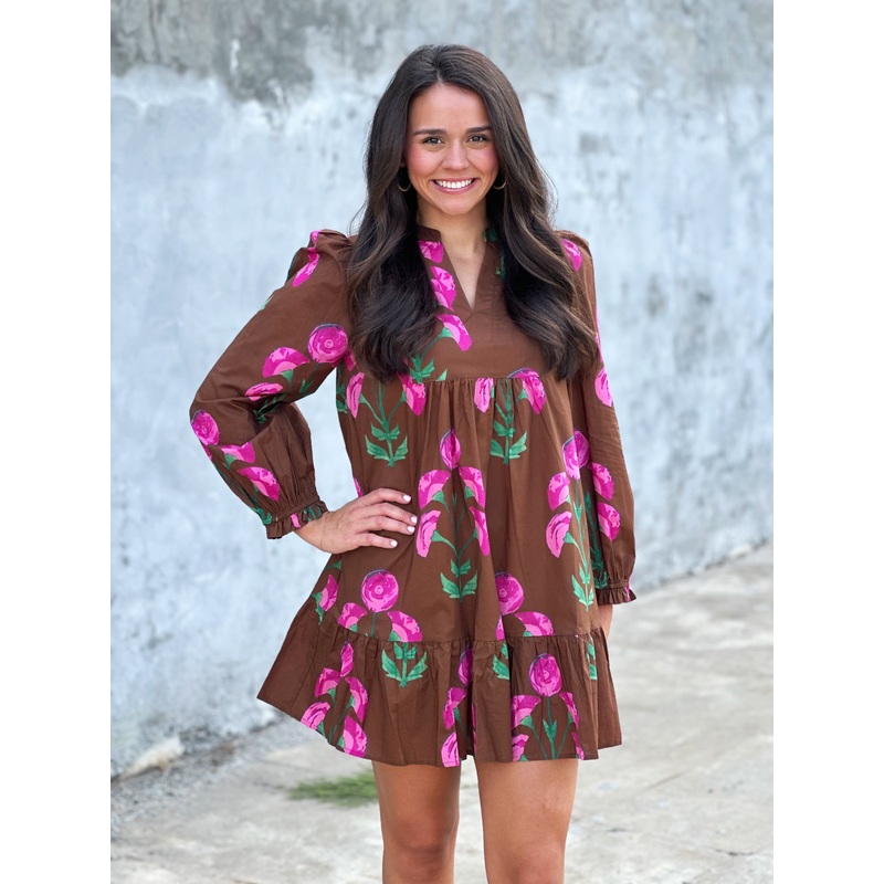 Brown Mix Floral Printed Dress