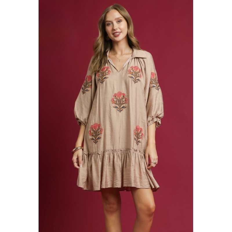 Embroidered Floral Boho Ruffle Hem Dress in Latte