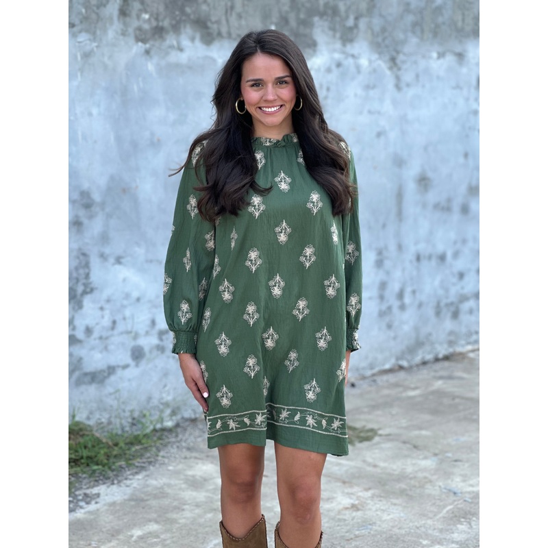 Embroidered Long Sleeve Mini Dress in Pine Green