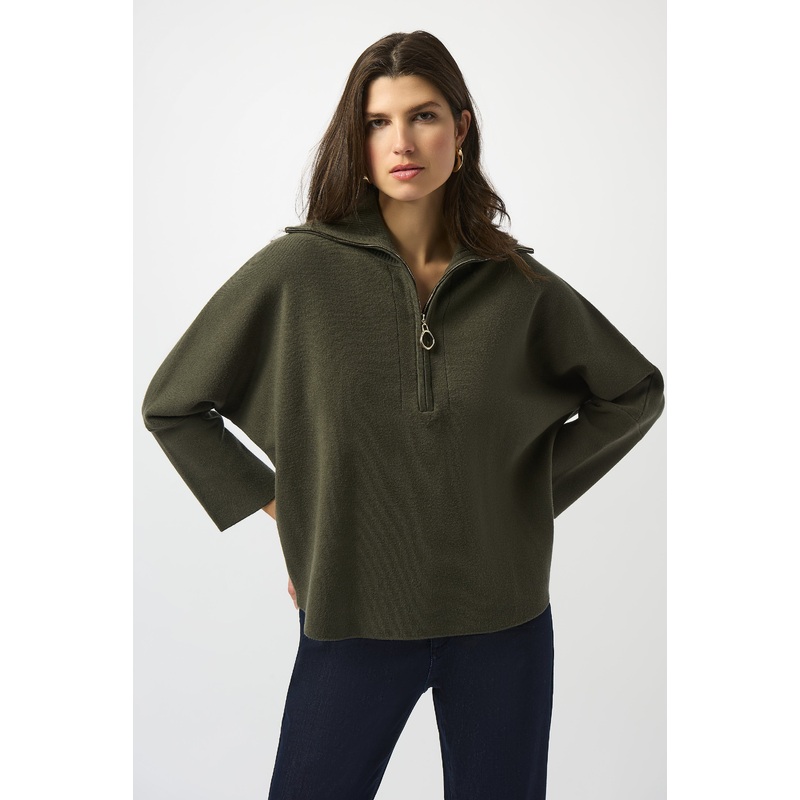 Joseph Ribkoff Hooded Zipper Relaxed Fit Sweater in Avocado Green