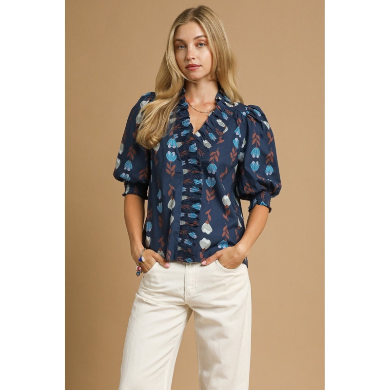 Navy Flower Printed Top|S|M|L