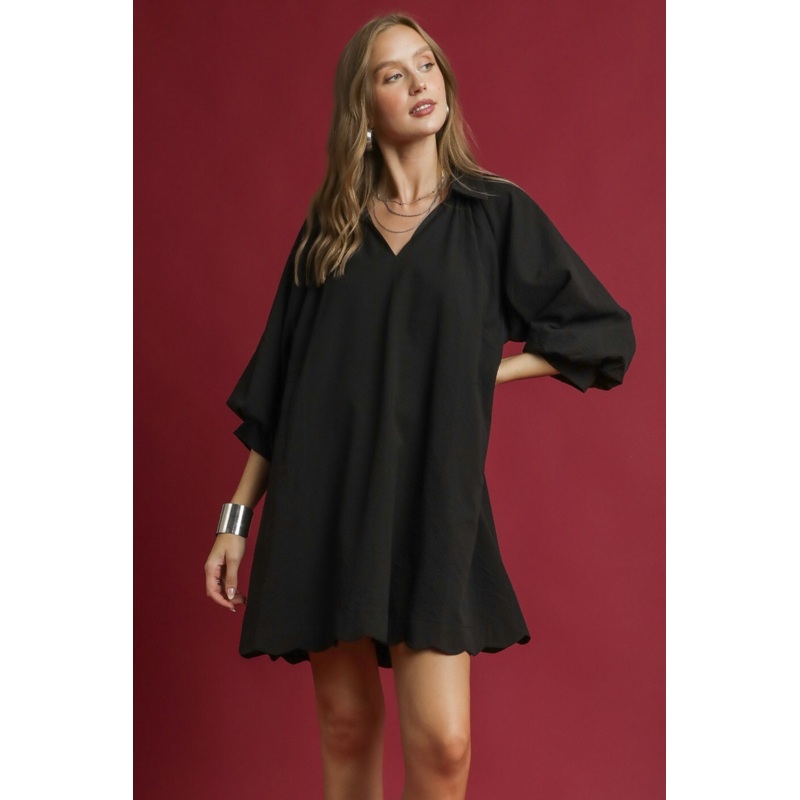 Split Dress with Puff Sleeves in Black