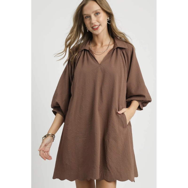 Split Dress with Puff Sleeves in Chocolate