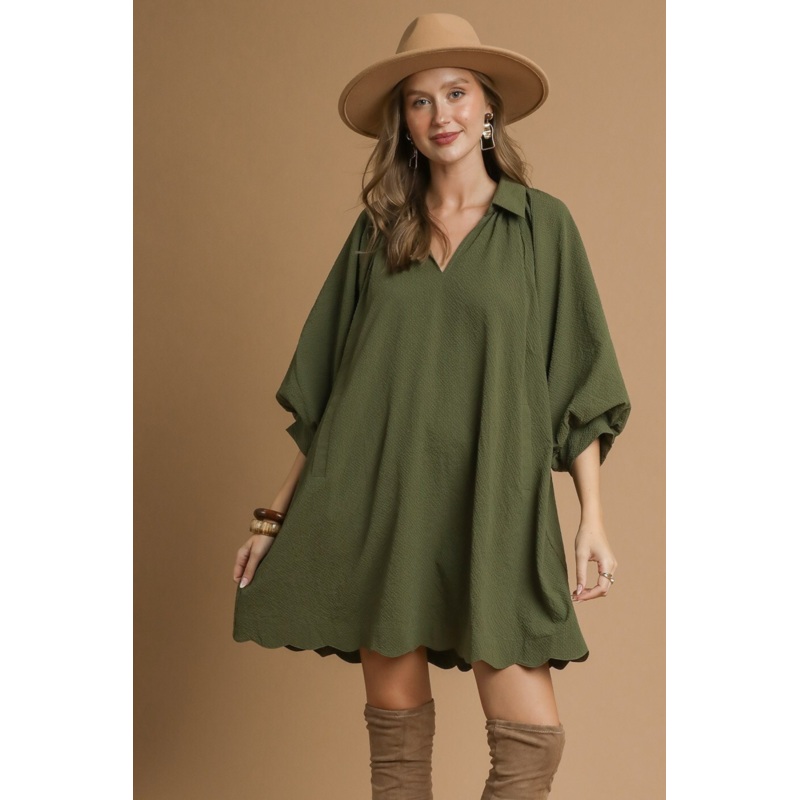Split Dress with Puff Sleeves in Olive