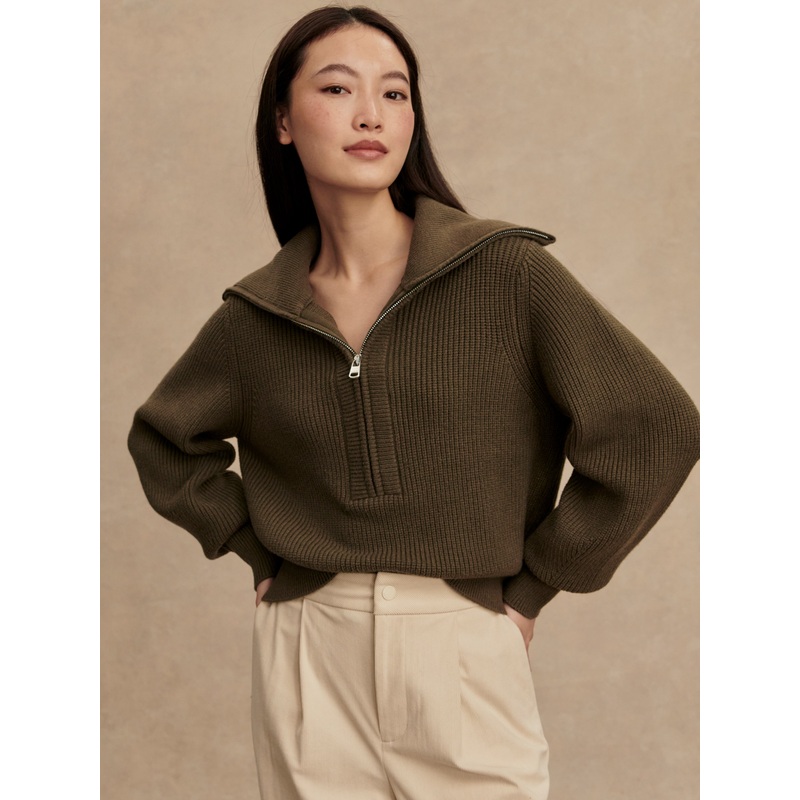 Varley Maura Half-Zip Rib Knit in Olive Night