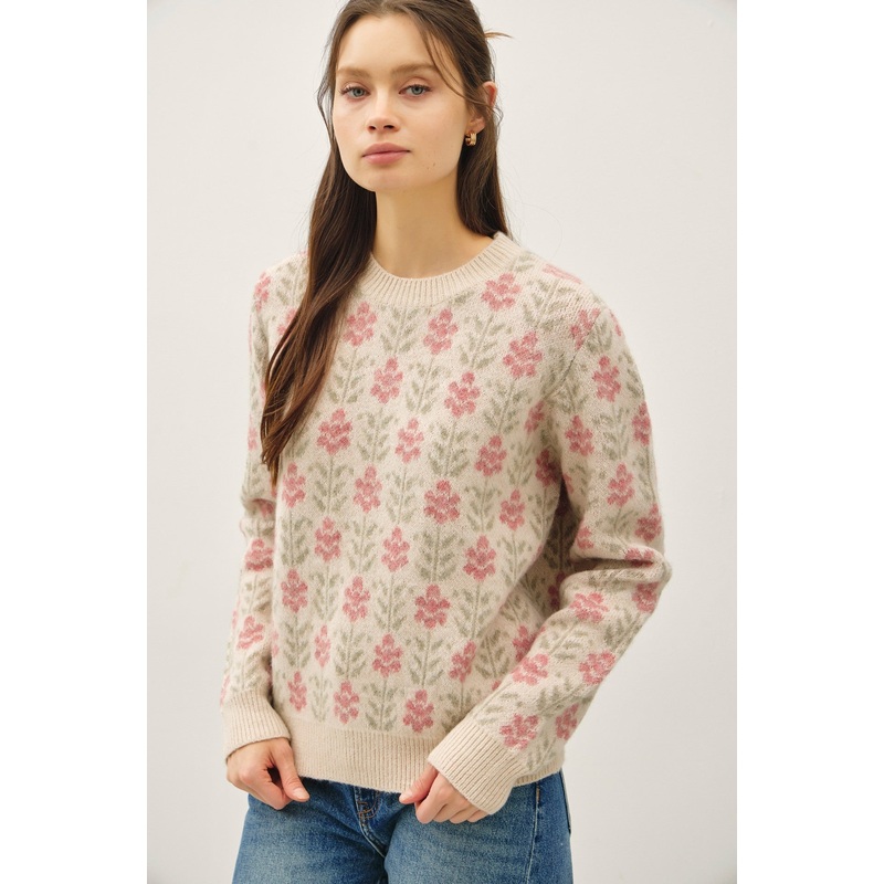 Vintage Floral Jaquard Sweater in Cream