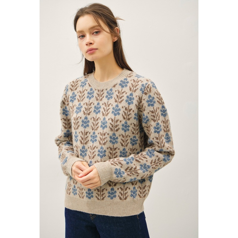 Vintage Floral Jaquard Sweater in Denim