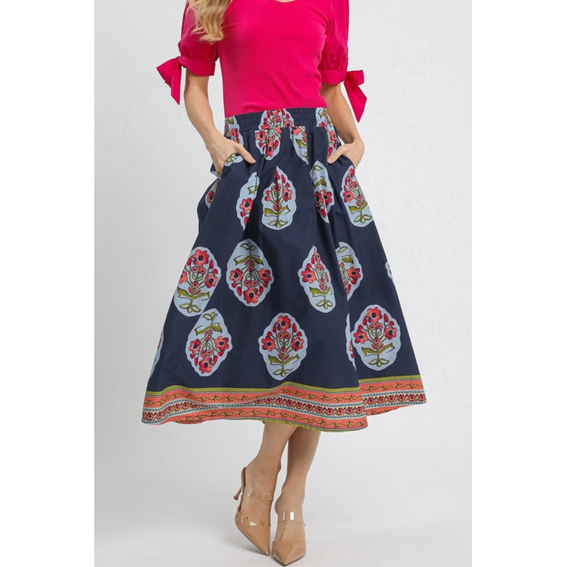 Boho Floral Midi Skirt in Midnight
