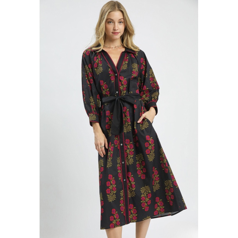 Floral Button-Front Maxi Shirt Dress with Waist Tie in Black