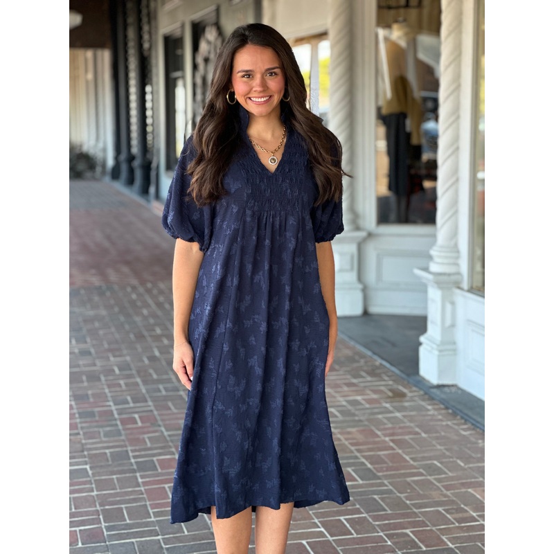 Jacquard Smocked Midi Dress in Navy