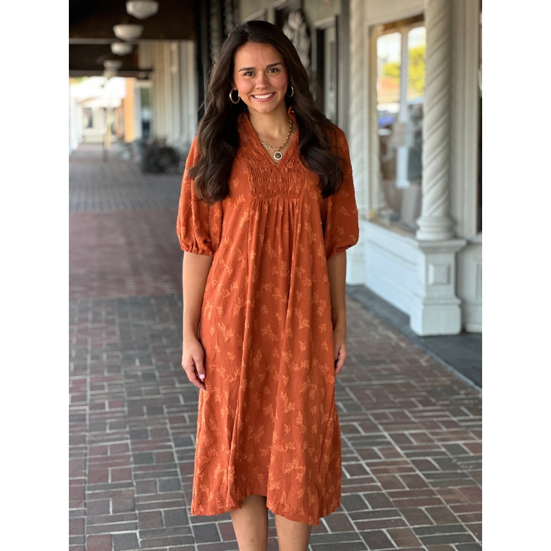 Jacquard Smocked Midi Dress in Rust