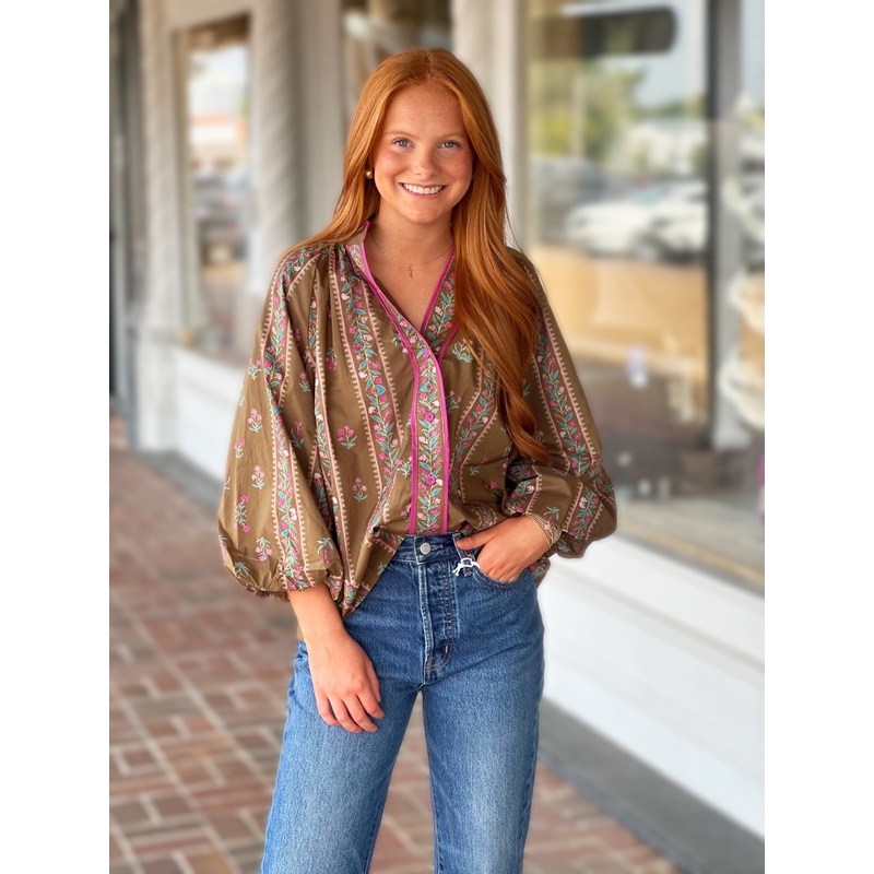 Mix Floral Boho Blouse in Brown