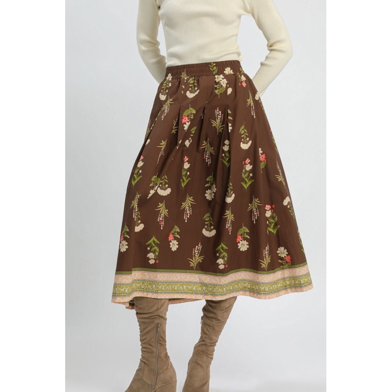 Mix Floral Embroidered Midi Skirt in Brown