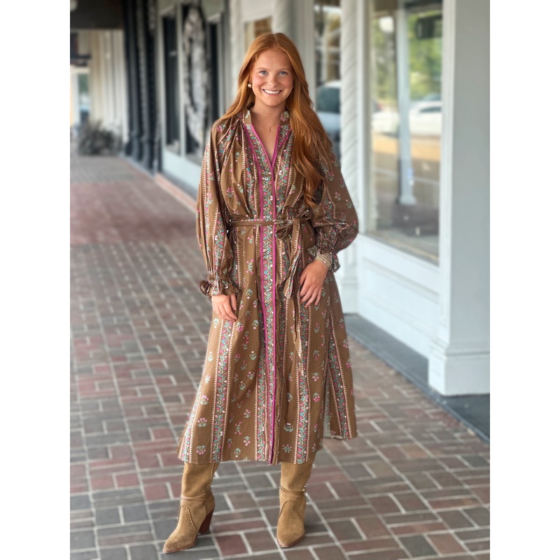 Mix Floral Stripe Maxi Dress in Brown