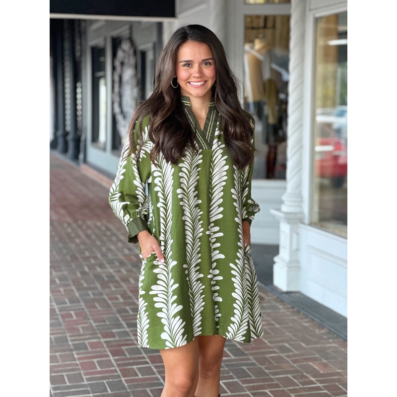 Olive Sea Tendril Printed Dress