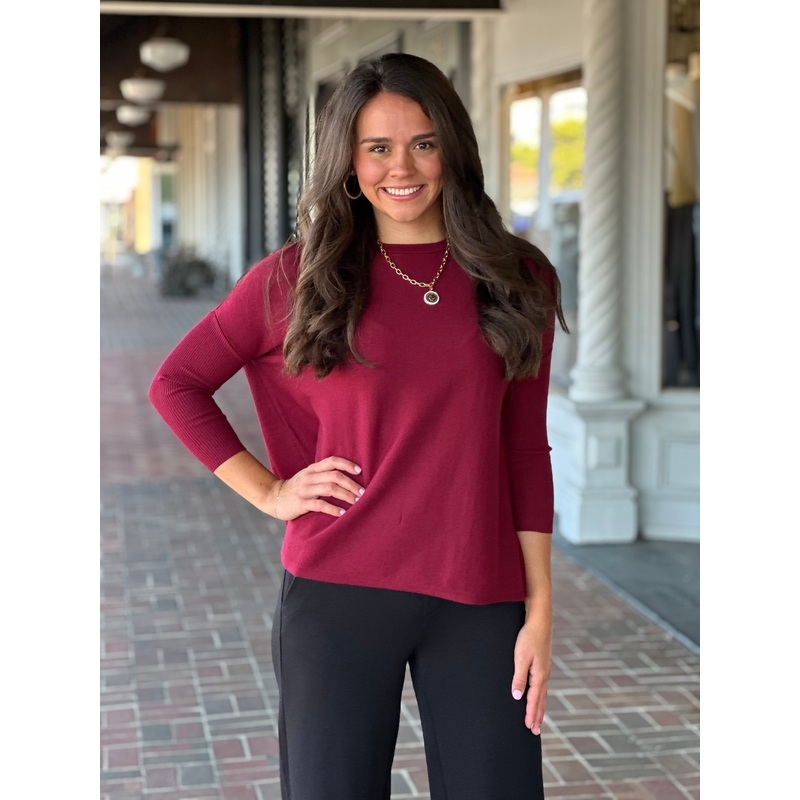 Oversized Crew Neck Pullover in Dark Cherry