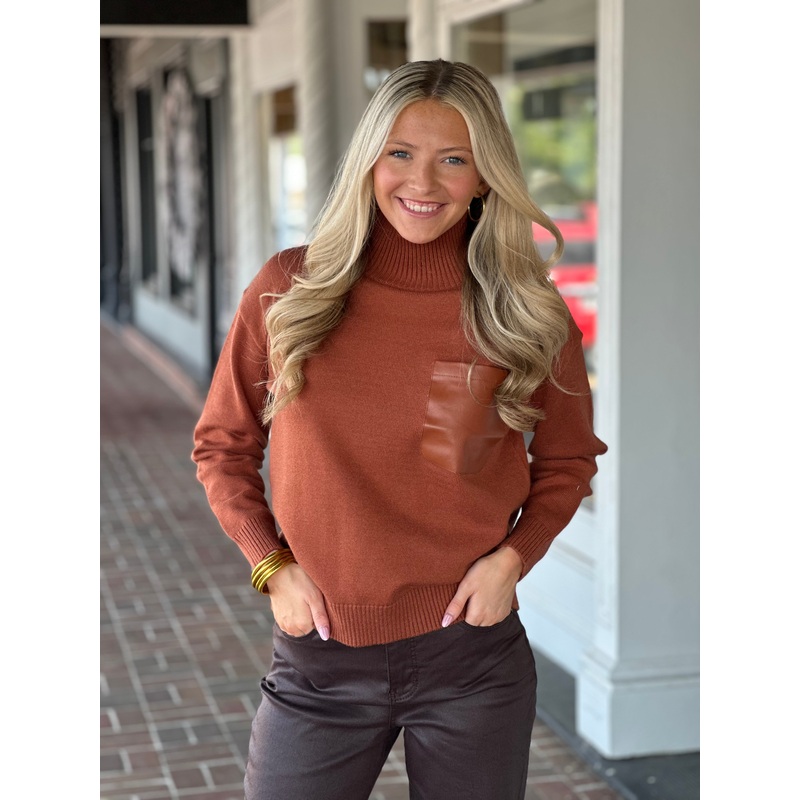 Oversized Long Sleeve Mock Neck Cognac Sweater