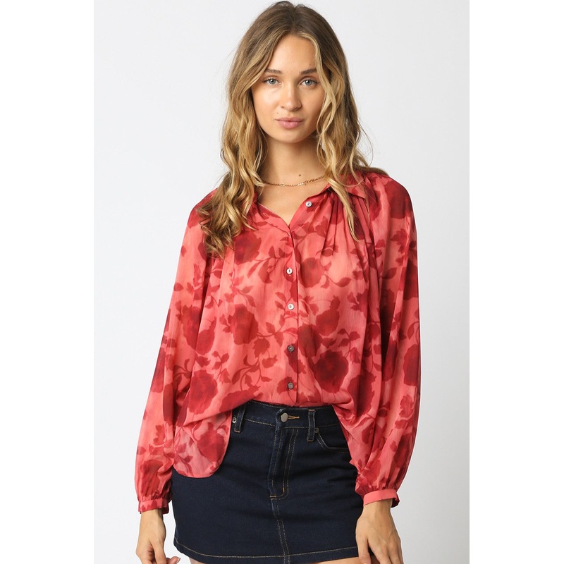 Red Floral Long Sleeve Top|S|M|L