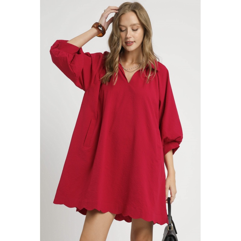 Split Dress with Puff Sleeves in Crimson