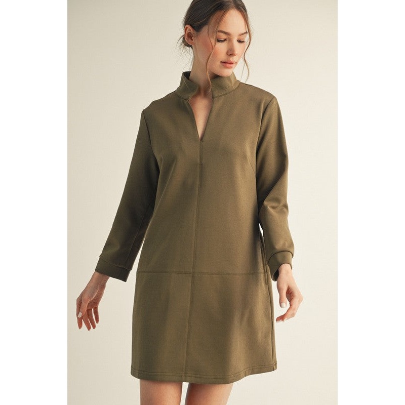 Stand-up Collared Shift Dress in Olive