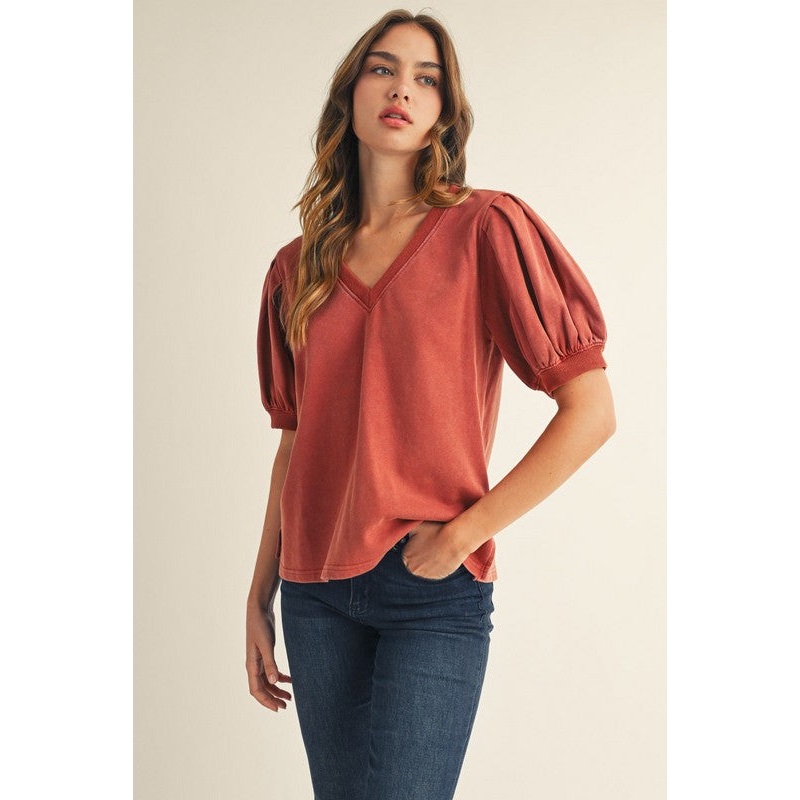 Toffee Cotton Solid V-neck Top