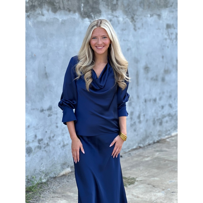 Tyler Boe Astrid Charmeuse Blouse in Mid Navy