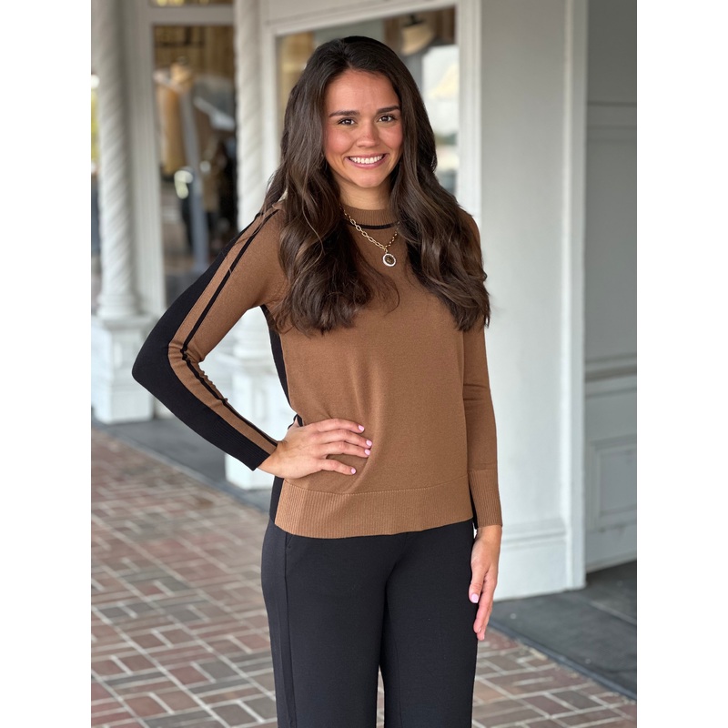 Wood Brown Crewneck Black Stripe Panel Sweater