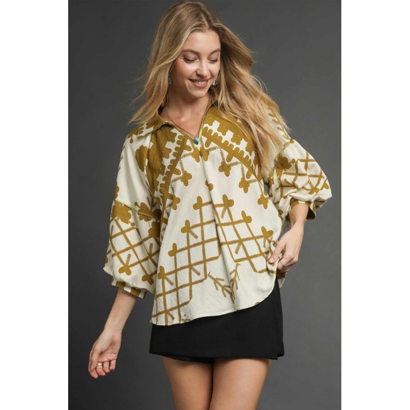 Boho Peasant Top with Balloon Sleeves in Mustard