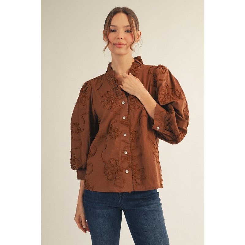 Button Down Floral Top in Brown