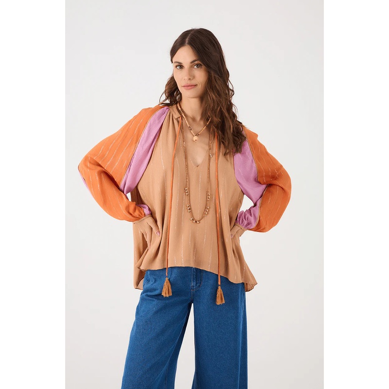 Dress To Multicolor Lurex Neckline Ties Long Sleeve Blouse