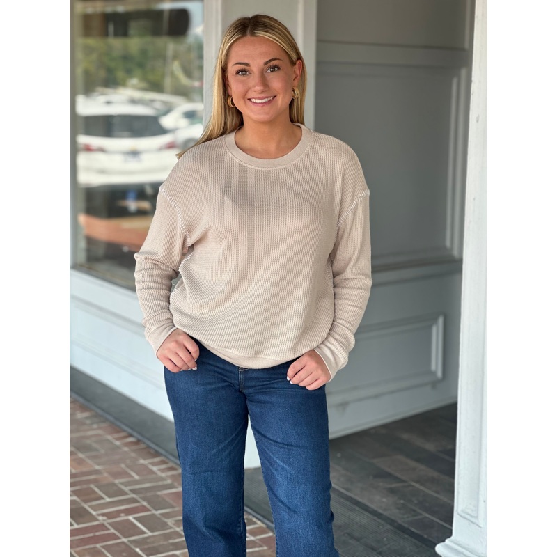 Dylan Blanket Stitch Sweatshirt in Beige