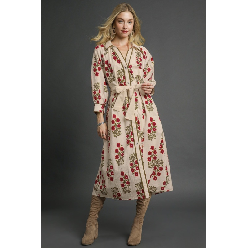 Floral Button-Front Maxi Shirt Dress with Waist Tie in Cream