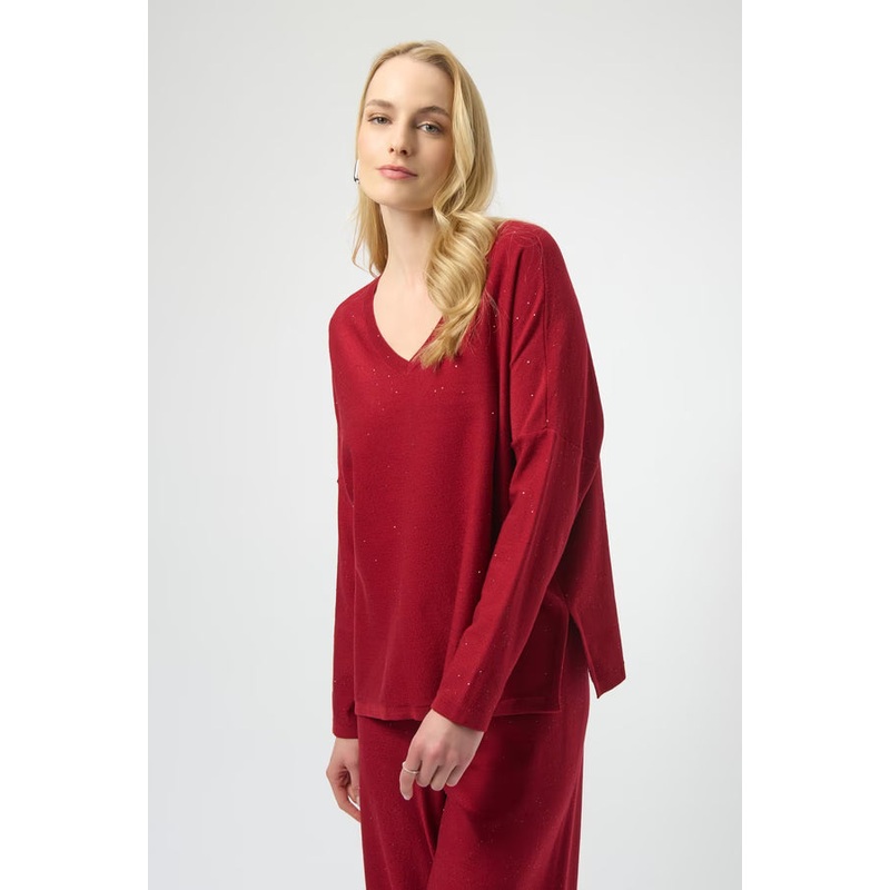 Joseph Ribkoff V-neck Jewel Embellished Pullover in Deep Cherry