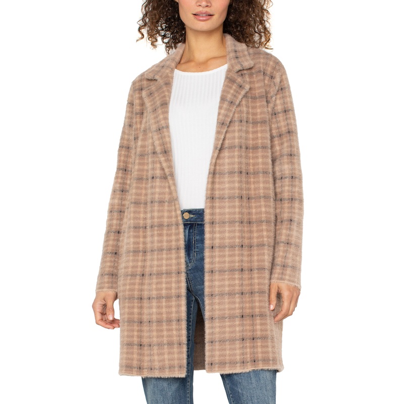 Liverpool Los Angeles Long Sleeve Sweater Coat in Cream Plaid