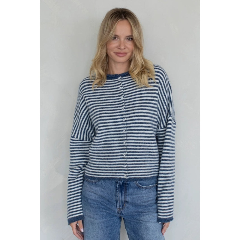 Mini Striped Piper Cardigan in Denim
