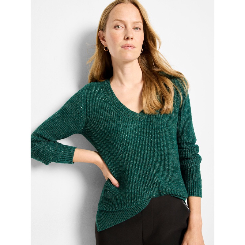 Nic + Zoe Shimmer Waffle V-Neck Sweater in Pine