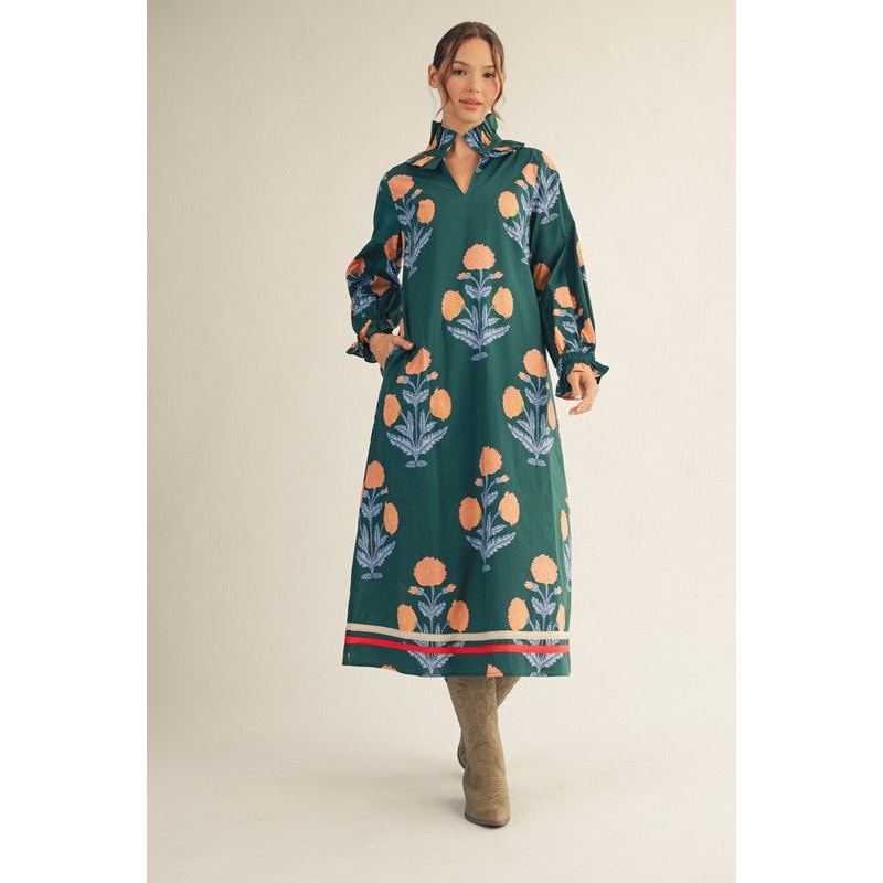 Ruffled High Neck Floral Midi Dress in Hunter Green