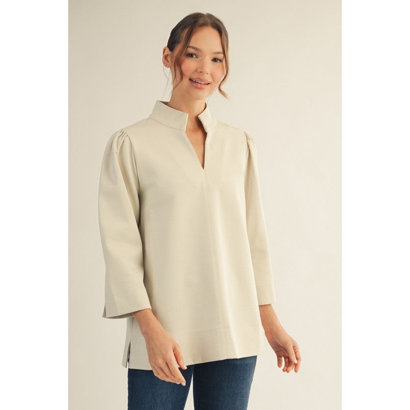 Standing Collared Puff Shoulder Solid Top in Cream