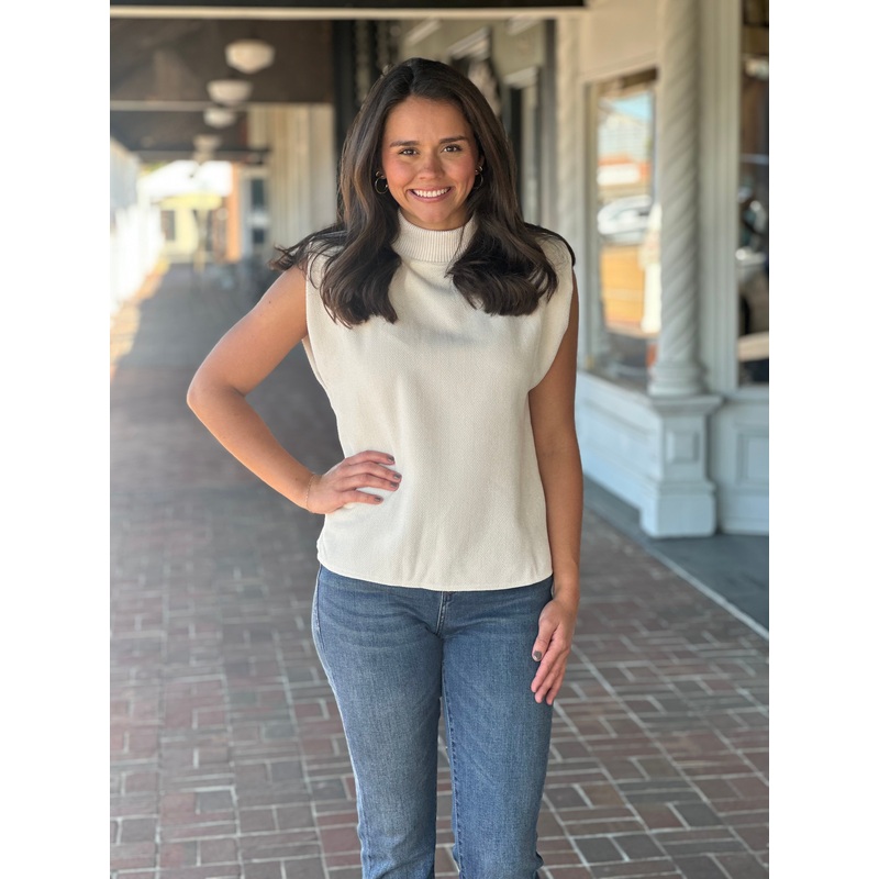 Cream Sleeveless Mock Neck Suede Top