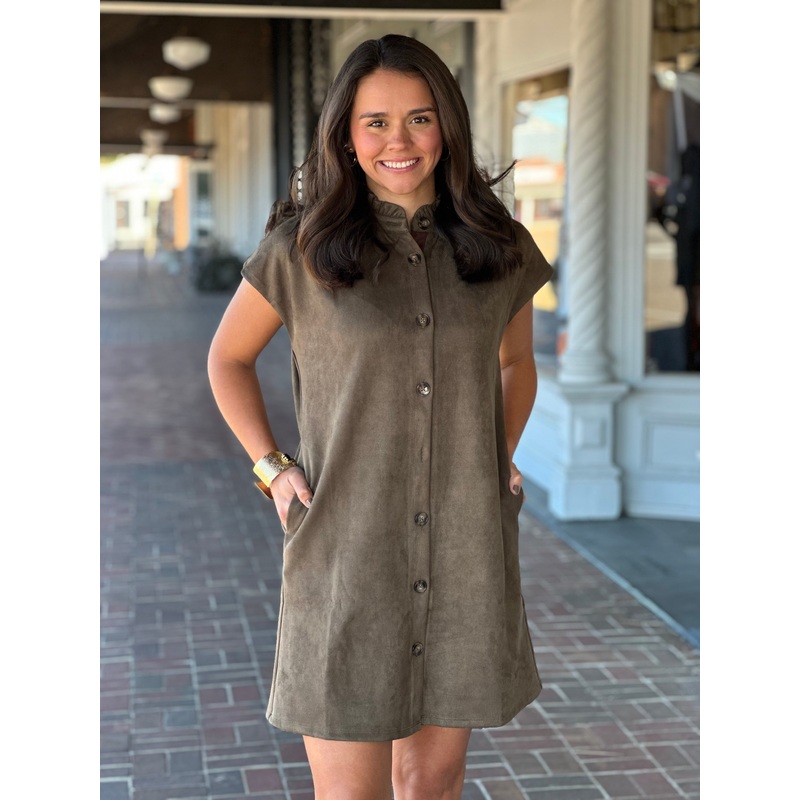 Short Sleeve Suede Olive Dress
