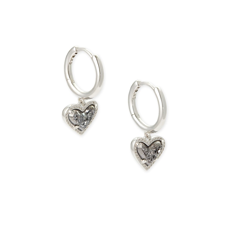 Ari Heart Huggie Earrings in Rhodium Platinum Drusy