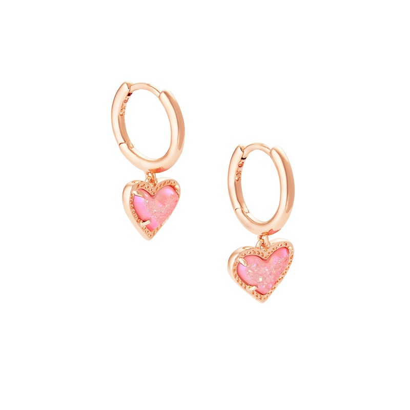 Ari Heart Huggie Earrings in Rose Gold Pink Drusy