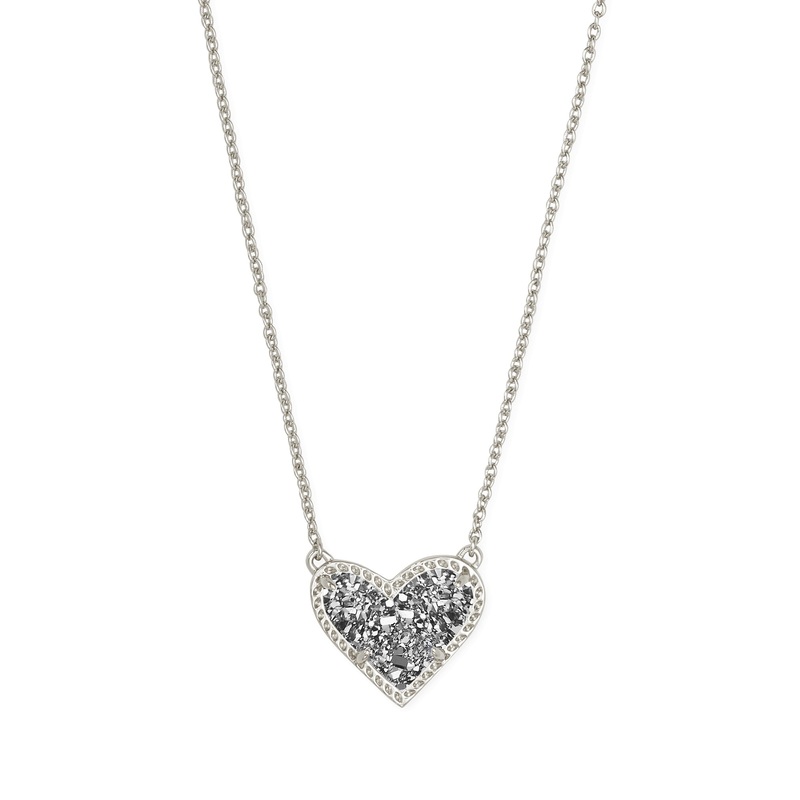 Ari Heart Short Pendant Necklace in Rhodium Platinum Drusy