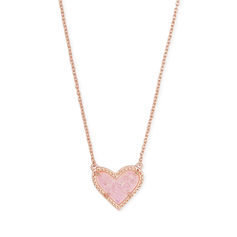 Ari Heart Short Pendant Necklace in Rose Gold Pink Drusy