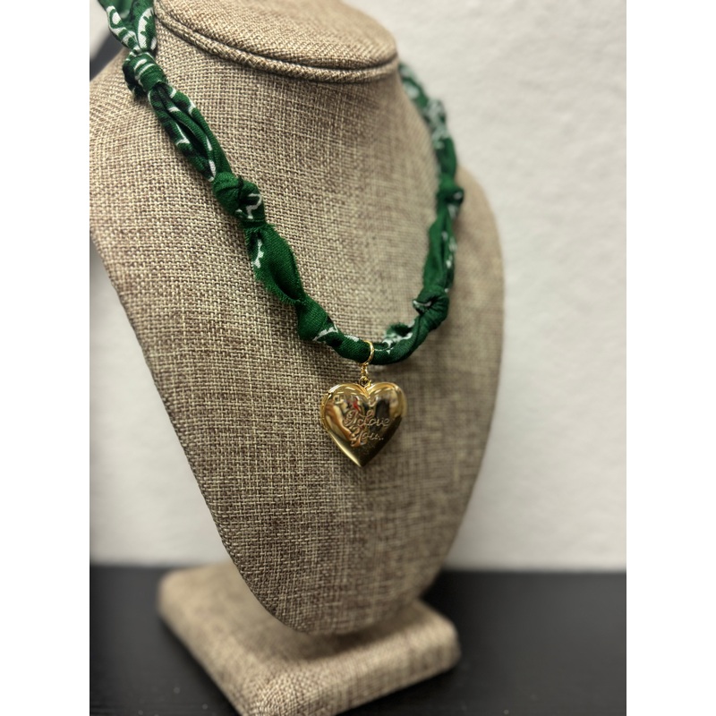 Dark Green Bandana Necklace: Gold Sunburst Heart Charm / Dark Green