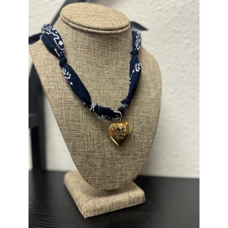 Navy Bandana Necklace: Gold Sunburst Heart Charm / Navy