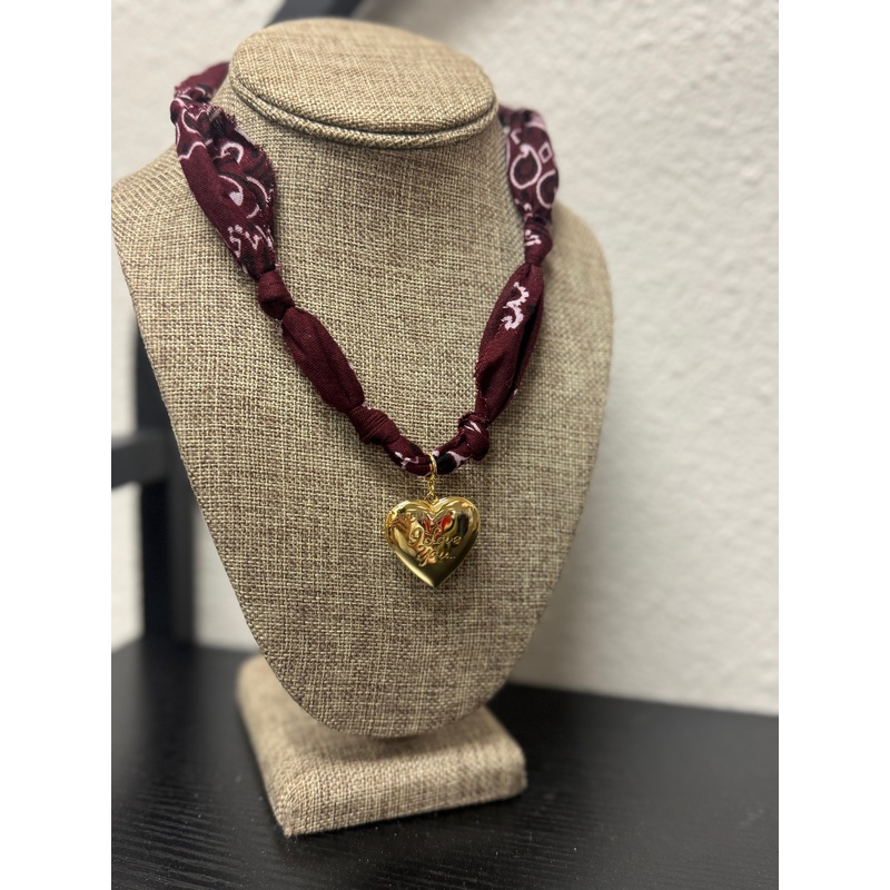 Burgundy Bandana Necklace: Gold Sunburst Heart Charm / Burgundy