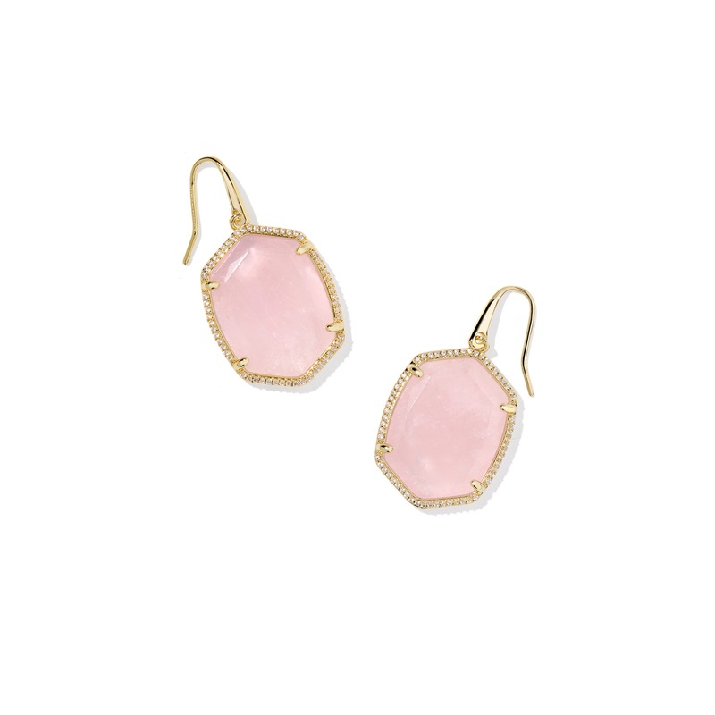 Daphne Gold Pave Frame Drop Earrings Rose Quartz