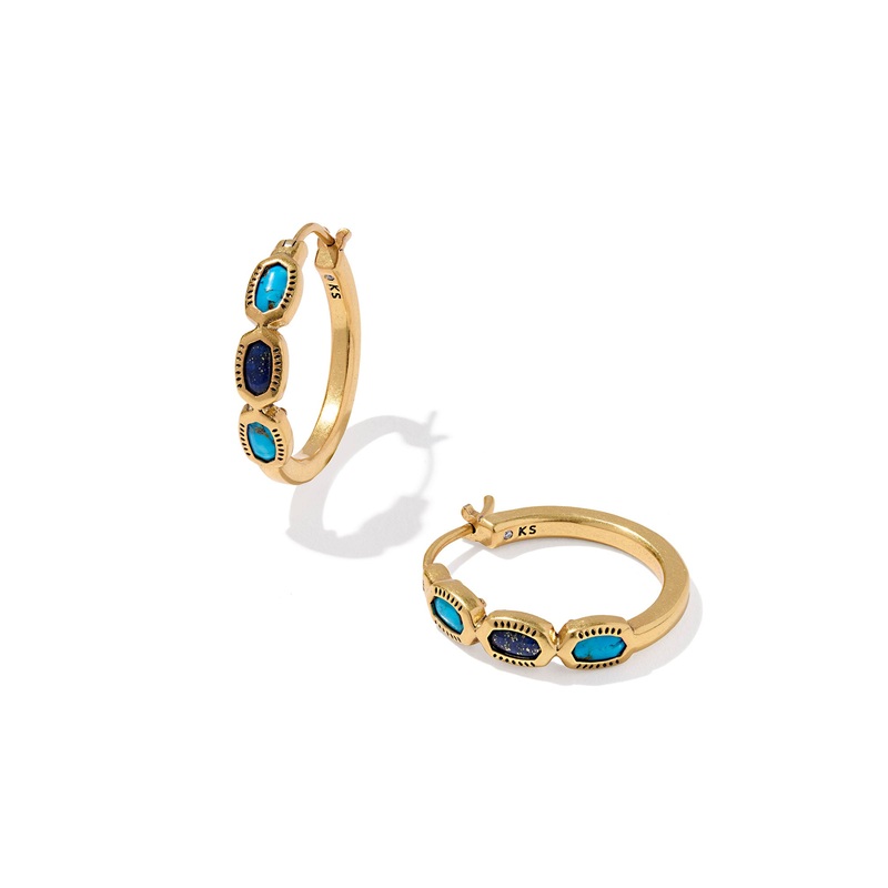 Mini Elisa Gold Hoop Earrings: Vintage Gold Blue Mix