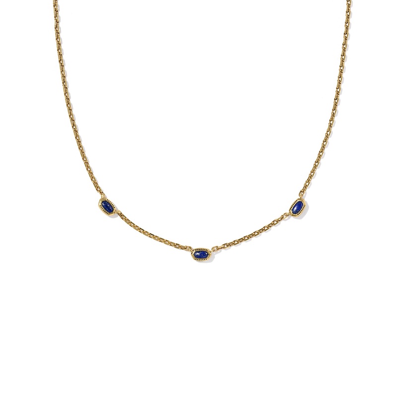 Mini Elisa Gold Three Stone Strand Necklace: Vintage Gold Blue Lapis